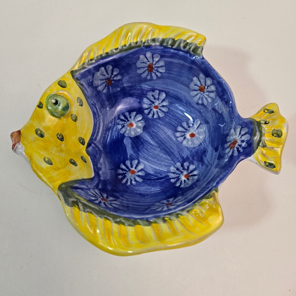 Vintage Italian Ceramic Fish Bowl Hand Painted Blue Yellow Floral Made in Italy
